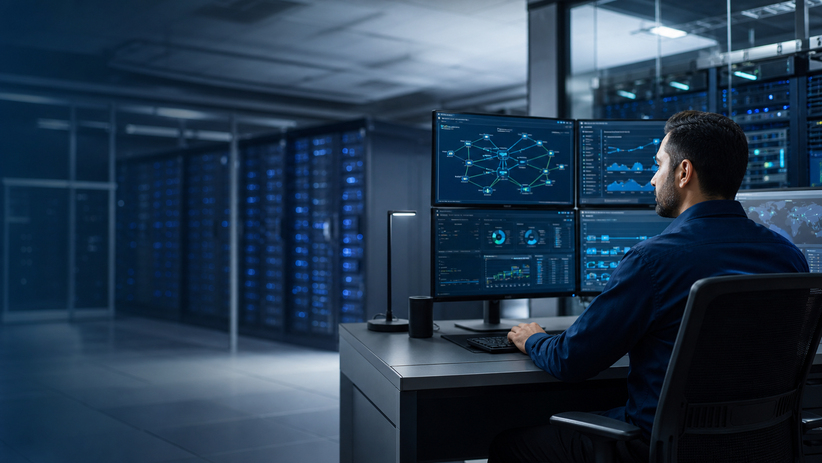 Especialista de NS Soluciones supervisando la infraestructura tecnológica de un centro de datos