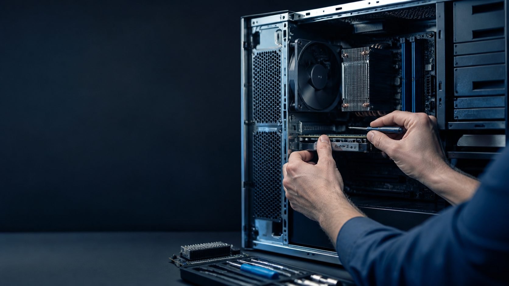 Técnico realizando mantenimiento preventivo a una computadora
