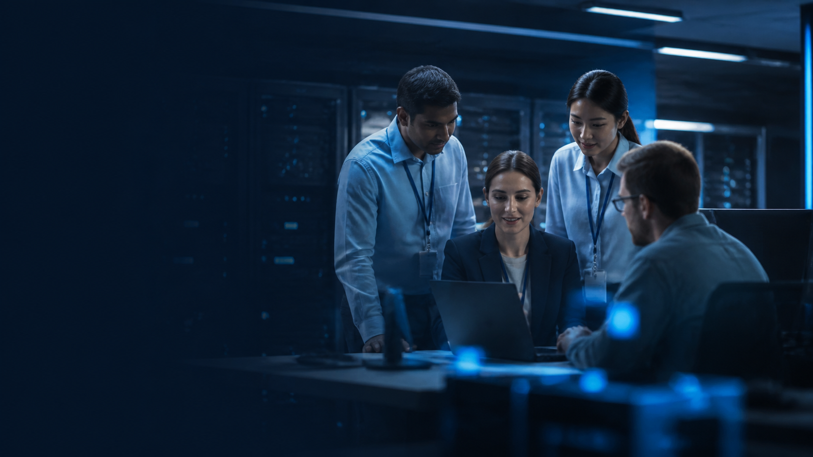 Equipo de especialistas de tecnología colaborando en un entorno empresarial