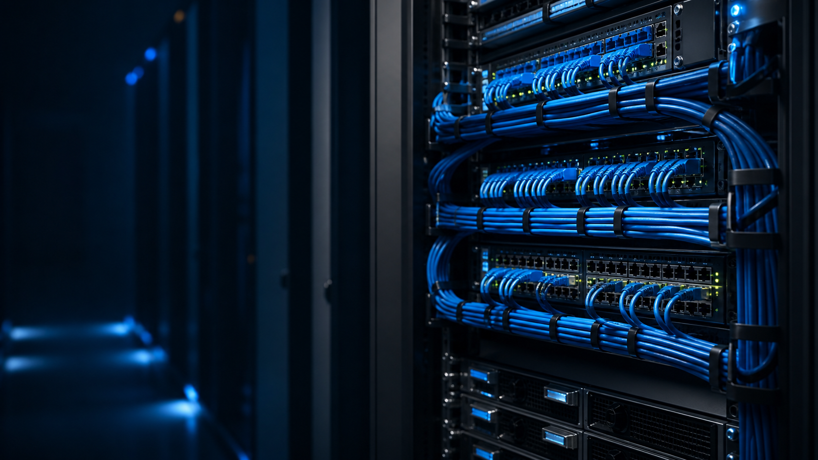 Gabinete de red empresarial con cableado estructurado